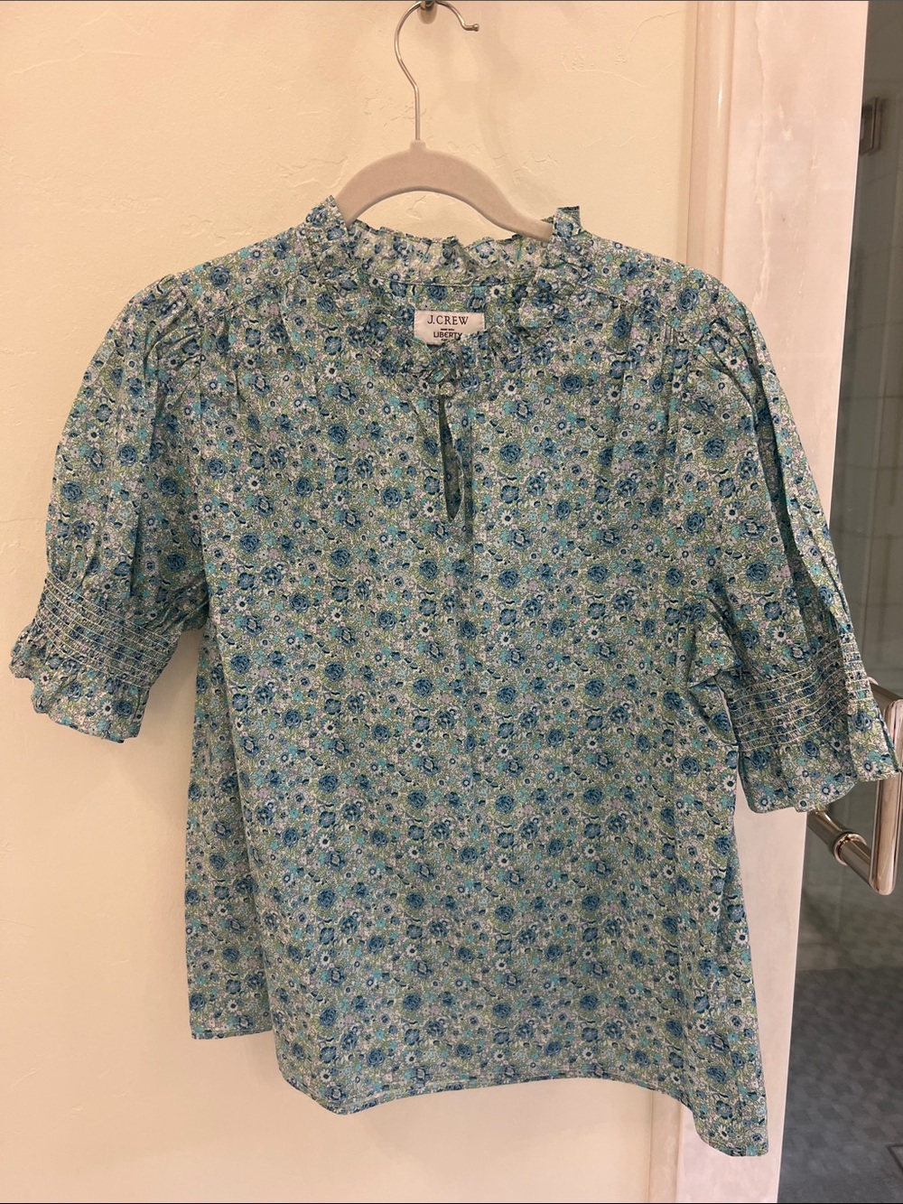 J. Crew Blue and Green Liberty Floral Ruffle Blouse